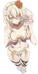  1girl absurdres bare_shoulders bikini blonde_hair blush breasts collarbone e_sky_rugo eyebrows_visible_through_hair flower from_above girls&#039;_frontline hair_flower hair_ornament hairband hand_on_back hand_on_breast highres long_hair looking_at_viewer medium_breasts navel open_mouth ribbon solo standing swimsuit white_background x95_(girls&#039;_frontline) yellow_bikini yellow_eyes 