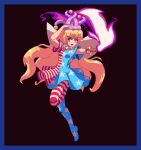  1girl :d american_flag_dress american_flag_legwear arm_up bangs black_background blonde_hair blue_border border clownpiece dress eyebrows_visible_through_hair fire full_body hat holding holding_torch jester_cap leg_up looking_at_viewer open_mouth pantyhose pink_eyes pink_fire pink_headwear polka_dot polka_dot_background potemki11 short_sleeves simple_background smile solo star_(symbol) star_print striped striped_dress striped_legwear torch touhou 