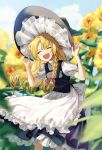  1girl absurdres apron bangs black_dress black_headwear black_vest blonde_hair blurry blurry_background bow braid breasts closed_eyes cloud commentary_request day dress feet_out_of_frame flower frills hair_bow hair_ribbon hands_on_headwear happy hat highres kirisame_marisa light_blush long_hair open_mouth outdoors petticoat puffy_short_sleeves puffy_sleeves purple_bow ribbon short_sleeves single_braid sky small_breasts smile solo standing sunflower touhou tress_ribbon very_long_hair vest waist_apron white_apron witch_hat yellow_flower yokujitsu 