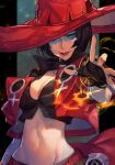  1girl black_hair blue_eyes breasts cleavage guilty_gear guilty_gear_strive hat hat_over_one_eye hungry_clicker i-no large_breasts lips lipstick makeup midriff mole navel short_hair solo sunglasses witch_hat 