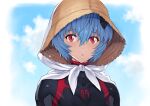  1girl ayanami_rei black_bodysuit blue_hair blue_sky bodysuit cloud eva_00 evangelion:_3.0+1.0_thrice_upon_a_time hairpods hat highres mogudan neon_genesis_evangelion pilot_suit rebuild_of_evangelion red_eyes scarf sky straw_hat upper_body white_scarf 