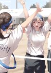  2girls :d ^_^ arms_up black_shorts blue_hairband blue_sky breasts brown_hair closed_eyes commentary_request grey_hair gym_uniform hairband jonsun medium_breasts multiple_girls open_mouth original outdoors riku_(jonsun) short_hair short_sleeves shorts sky smile twitter_username 