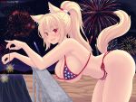  1girl american_flag_bikini animal_ears ass bikini blonde_hair breasts fang fireworks flag_print highres large_breasts looking_at_viewer navel night night_sky nottytiffy original patreon_username ponytail sky sparkler swimsuit tail tiffy_(nottytiffy) 