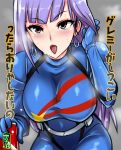  1girl arm_up belt blue_jumpsuit blush breasts brown_eyes can curvy drink earrings grey_background gundam hand_in_hair highres holding holding_can jewelry leaning_forward okyou open_mouth plump purple_hair roux_louka rx-78-2 spacesuit steam sweat tongue tongue_out translation_request zz_gundam 