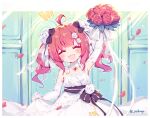  1girl :d ^_^ ahoge arm_up azur_lane bare_shoulders black_bow blush bouquet bow closed_eyes commentary_request dress elbow_gloves facing_viewer fang flower gloves hair_bow hair_flower hair_ornament holding holding_bouquet leaning_to_the_side notice_lines open_mouth petals red_flower red_hair red_rose rose san_diego_(azur_lane) san_diego_(no.1_june_bride)_(azur_lane) sleeveless sleeveless_dress smile solo sudango twintails twitter_username wedding_dress white_dress white_flower white_gloves 