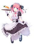  1girl :d absurdres blue_eyes blush bow bowtie food gloves go-toubun_no_hanayome highres holding holding_clothes holding_skirt ketchup looking_at_viewer maid maid_headdress nakano_nino omelet open_mouth pink_hair profnote shoes short_hair simple_background skirt smile solo thighhighs two_side_up waitress white_background white_gloves wrist_cuffs 