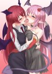  2girls blush breast_grab breasts demon_girl french_kiss gloves grabbing hug kawosu_shikou kiss koakuma large_breasts lilith_(rabi-ribi) long_hair multiple_girls pink_hair rabi-ribi tail tongue tongue_out touhou very_long_hair wings yuri 