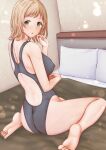  1girl ass bangs bed brown_eyes brown_hair eyebrows_visible_through_hair from_behind highres idolmaster idolmaster_shiny_colors kneeling looking_at_viewer looking_back on_bed parted_lips pillow sakuragi_mano shohei_(piranha5hk) solo swimsuit thighs 