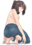  1girl absurdres akizuki_(kancolle) arms_at_sides ass back barefoot blue_eyes blush breasts brown_hair closed_mouth denim eyebrows_visible_through_hair from_behind full_body highres jeans kantai_collection kiritto kneeling long_hair looking_at_viewer pants pantylines pocket ponytail shoulder_blades sideboob simple_background smile solo sweatdrop topless white_background 