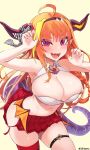  :d armpits bare_shoulders blonde_hair blush breasts cleavage dragon_horns fang hairband highres hololive horns jtveemo kiryu_coco large_breasts long_hair looking_at_viewer midriff navel open_mouth orange_hair pleated_skirt purple_eyes simple_background skirt smile teeth tongue virtual_youtuber white_background 