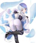  1girl ass bangs blush boots breasts fuenyuan gloves highres large_breasts long_sleeves looking_at_viewer looking_back open_mouth oshiro_project_re short_hair silver_hair solo thigh_boots thighhighs thighs 