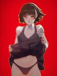  1girl absurdres black_panties blush braid crown_braid groin highres light_smile looking_at_viewer navel niijima_makoto panties persona persona_5 plaid plaid_skirt pomelomelon red_background red_eyes self_exposure short_hair skirt smile solo thighs underwear 