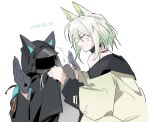  1girl 1other ambiguous_gender anger_vein angry animal_ears arknights bare_shoulders black_choker black_coat black_gloves cat_ears chinese_commentary choker clothes_grab coat commentary_request doctor_(arknights) ears_through_headwear eyebrows_visible_through_hair from_side gloves green_eyes green_hair green_jacket hands_up highres hood hood_up hooded_coat jacket jacket_grab kal&#039;tsit_(arknights) ling_s looking_at_another mask motion_lines off_shoulder parted_lips profile short_hair simple_background teeth torso_grab translation_request white_background 