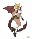  1girl abs animal_ears artist_name belt belt_buckle blonde_hair boots breasts buckle cleavage commission elbow_spikes english_commentary eyebrows_visible_through_hair fingerless_gloves full_body gloves hair_between_eyes highres kneehighs large_breasts manticore midriff monster_girl muscular muscular_female navel original scorpion_tail shardanic short_hair short_shorts shorts simple_background solo sports_bra tail watermark white_background wings yellow_eyes 