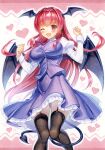  1girl ;d bat_wings black_legwear blue_skirt blue_vest blush breasts buttons commentary demon_tail dress_shirt eyebrows_visible_through_hair eyelashes frilled_skirt frills garter_straps head_wings heart highres juliet_sleeves knees_together_feet_apart koakuma kuwa_analog large_breasts long_hair long_sleeves looking_at_viewer low_wings marker_(medium) necktie one_eye_closed open_mouth outline pink_background puffy_sleeves red_eyes red_hair red_neckwear shirt simple_background skirt skirt_set smile solo tail taut_clothes taut_vest thighhighs touhou traditional_media very_long_hair vest white_background white_outline white_shirt wings zettai_ryouiki 