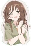  1girl :d blush brown_eyes brown_hair commentary_request copyright_request eyebrows_visible_through_hair green_shirt ixy long_hair open_mouth shirt short_sleeves simple_background smile solo upper_body white_background 