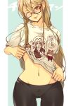  +_+ 1girl alternate_costume ass_visible_through_thighs bkub_(style) black-framed_eyewear black_pants blonde_hair blue_background blush breasts cameltoe chainsaw_man clothes_lift commentary copyright_name cowboy_shot denji_(chainsaw_man) eyelashes glasses groin hair_between_eyes highres kishibe_(chainsaw_man) lifted_by_self lips long_hair looking_at_viewer medium_breasts navel nukisabi one_eye_closed pants parted_lips poptepipic power_(chainsaw_man) print_shirt raised_eyebrow red_eyes semi-rimless_eyewear shirt shirt_lift short_sleeves simple_background smile solo stomach t-shirt tight tight_pants translated white_shirt 