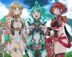  3girls aegis_sword_(xenoblade) bangs bare_legs bare_shoulders black_gloves blonde_hair breasts chest_jewel cleavage cleavage_cutout clothing_cutout dress earrings elbow_gloves fingerless_gloves gloves green_eyes green_hair high_heels ii_tea jewelry large_breasts long_hair multiple_girls mythra_(xenoblade) pantyhose pneuma_(xenoblade) ponytail pyra_(xenoblade) red_eyes red_hair red_legwear red_shorts short_dress short_hair short_shorts shorts swept_bangs thigh_strap thighhighs tiara very_long_hair white_dress white_gloves xenoblade_chronicles_(series) xenoblade_chronicles_2 yellow_eyes 