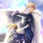  1girl ahoge armor artoria_pendragon_(all) artoria_pendragon_(lancer)_(fate) blonde_hair braid cape closed_mouth cloud commentary_request crown excalibur_(fate/stay_night) eyebrows_visible_through_hair fate/grand_order fate_(series) french_braid fur-trimmed_cape fur_trim gauntlets glowing glowing_weapon green_eyes hair_between_eyes hair_ornament holding holding_sword holding_weapon light_particles looking_away migiha outdoors short_hair sidelocks sky solo sword weapon white_cape 
