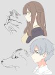  1boy 1girl blue_eyes brown_hair cat closed_mouth from_side grey_hair long_hair looking_at_viewer nekoume original profile short_hair sideways_glance wolf yellow_eyes 