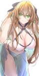  1girl absurdres bare_shoulders blue_ribbon breasts cleavage closed_mouth collarbone e_sky_rugo eyebrows_visible_through_hair girls&#039;_frontline green_eyes hair_ribbon hand_in_hair hand_on_back highres large_breasts long_hair looking_at_viewer orange_hair ribbon smile solo springfield_(girls&#039;_frontline) swimsuit white_background white_swimsuit 