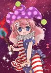  1girl american_flag_dress american_flag_legwear biyon blue_eyes blush bow clownpiece clownpiece_(cosplay) cosplay cowboy_shot dress dress_tug fairy_wings flower flower-shaped_pupils hair_between_eyes hair_flower hair_ornament hat holding holding_torch jester_cap long_hair looking_at_viewer mouse_tail neck_ruff open_mouth pantyhose pink_bow pink_hair polka_dot_headwear purple_headwear short_sleeves show_by_rock!! solo star_(sky) starry_background tail tail_bow tail_ornament torch touhou twitter_username un_(show_by_rock!!) upper_body wings 