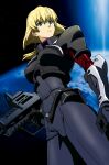  1girl armor bangs black_gloves blonde_hair blue_eyes blue_gender breastplate breasts clenched_hand earth_(planet) eyebrows_visible_through_hair gloves gun highres holding holding_gun holding_weapon ishii_takamori looking_up marlene_angel medium_breasts medium_hair planet solo space tied_hair v-shaped_eyebrows weapon 