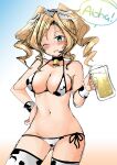  1girl alcohol animal_print beer beer_mug bell bikini blonde_hair blue_eyes blush breasts cleavage cow_print cowbell cup drill_hair english_text eyebrows_visible_through_hair gradient gradient_background habara_meguru hand_on_hip headgear holding holding_cup honolulu_(kancolle) kantai_collection long_hair medium_breasts mug neck_bell one_eye_closed open_mouth side-tie_bikini simple_background sketch solo swimsuit thighhighs twin_drills twintails work_in_progress 