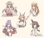  1girl 5girls bangs black_hair black_neckwear blue_hair breasts brown_background brown_eyes brown_hair cleavage clenched_teeth detached_sleeves eyebrows_visible_through_hair gloves grey_hair hair_between_eyes hair_ornament hairclip haruna_(kancolle) headdress headgear highres huge_breasts kantai_collection large_breasts littorio_(kancolle) long_hair multicolored_hair multiple_girls mutsu_(kancolle) navel necktie nontraditional_miko one_eye_closed open_mouth ponytail red_hair remodel_(kantai_collection) ribbon-trimmed_sleeves ribbon_trim short_hair simple_background smile south_dakota_(kancolle) squiggle star_(symbol) suke_(share_koube) teeth white_gloves white_hair wide_sleeves yamashiro_(kancolle) 