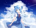  1girl bangs blue_bow blue_dress blue_eyes blue_hair blue_sky blush bow cirno closed_mouth cloud cloudy_sky collar dress eyebrows_visible_through_hair eyes_visible_through_hair hair_between_eyes ice ice_wings looking_at_viewer puffy_short_sleeves puffy_sleeves red_bow red_neckwear short_hair short_sleeves sky solo standing suikario touhou white_collar white_sleeves wings 