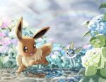  :d blush brown_eyes commentary_request day eevee flower gen_1_pokemon highres hydrangea leaf light_rays nako_(nekono_shippo75) no_humans open_mouth outdoors paws plant pokemon pokemon_(creature) puddle rainbow running smile toes tongue vaporeon water 