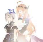  2girls absurdres amane_kanata angel angel_wings black_dress closed_eyes closed_mouth cowboy_shot dissolving dragon_girl dragon_horns dragon_tail dress eyelashes fading feathered_wings halo highres hololive horns kiryu_coco multiple_girls orange_hair ping_(0723) putting_on_jewelry silver_hair smile star_halo tail virtual_youtuber white_wings wings 