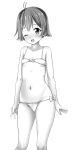  1girl ;d antenna_hair bangs bare_arms bare_shoulders bikini blush bow bow_bikini breasts collarbone commentary_request eyebrows_visible_through_hair feet_out_of_frame greyscale groin highres kantai_collection looking_at_viewer monochrome navel one_eye_closed open_mouth sakawa_(kancolle) short_hair simple_background small_breasts smile solo standing swimsuit testa white_background 