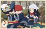  1boy 1girl berry_(pokemon) black_hair bowl bush commentary_request cyndaquil day female_protagonist_(pokemon_legends:_arceus) gen_2_pokemon gen_5_pokemon gen_7_pokemon genzou_(me_genzo) hat head_scarf holding holding_bowl long_hair male_protagonist_(pokemon_legends:_arceus) oshawott outdoors pokemon pokemon_(creature) pokemon_(game) pokemon_legends:_arceus red_headwear red_scarf rowlet sash scarf shoes sitting starter_pokemon tree undershirt white_headwear 