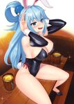  1girl absurdres animal_ears aqua_(konosuba) arm_warmers black_footwear black_leotard blue_eyes blue_hair breasts bunny_ears bunny_pose bunny_tail castell cup detached_collar fake_animal_ears hair_ornament hair_rings high_heels highres kono_subarashii_sekai_ni_shukufuku_wo! large_breasts leotard long_hair mug playboy_bunny sitting solo strapless strapless_leotard table tail wrist_cuffs 