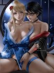  2girls ass ass_visible_through_thighs bare_shoulders bayonetta bayonetta_(character) biting black_hair black_panties blonde_hair breasts choker crotch_rub fingering fingering_gesture fingering_through_clothes flower glasses hair_flower hair_ornament japanese_clothes kimono lip_biting lips looking_at_viewer metroid multiple_girls nervous panties panty_peek partially_undressed ponytail robe_slip rubbing sagging_breasts samus_aran seductive_smile short_hair smile spread_legs tattoo thick_thighs thigh_strap thighs thong through_clothes underwear wei_(promise_0820) yukata yuri 