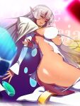  1girl arcana_heart arms_behind_back ass bangle bangs blunt_bangs bracelet breasts commentary_request dark_skin detached_sleeves highres jewelry large_breasts long_hair looking_at_viewer manohiro_yuki parace_l&#039;sia pointy_ears red_eyes silver_hair smile solo thighhighs 