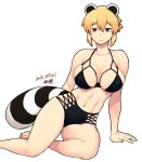  1girl abs animal_ears araiguma-san bikini black_bikini blonde_hair breasts cleavage dated expressionless fingernails large_breasts multi-strapped_bikini navel original raccoon_ears raccoon_tail red_eyes short_hair sitting skindentation solo spaghetti_strap swimsuit tail toes toned tsukudani_(coke-buta) yokozuwari 