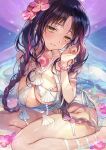  1girl bangs bare_shoulders bikini black_hair blush bracelet braid breasts chest_tattoo cleavage earrings facial_mark fate/grand_order fate_(series) flower forehead_mark hair_flower hair_ornament highres jewelry large_breasts long_hair looking_at_viewer multicolored_hair necklace parted_bangs pearl_bracelet pearl_earrings pearl_necklace pink_hair revision sarong sesshouin_kiara sesshouin_kiara_(swimsuit_mooncancer)_(fate) shell_necklace sitting smile solo streaked_hair swimsuit tattoo thighs twin_braids very_long_hair vivi_(eve_no_hakoniwa) wariza white_bikini yellow_eyes 