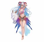  1girl ahoge anklet arm_behind_head armlet barefoot bikini breasts collarbone commentary_request eyebrows_visible_through_hair fire_emblem fire_emblem_heroes flower flower_necklace freyja_(fire_emblem) goat goat_horns gradient_hair hair_between_eyes hair_flower hair_ornament holding holding_toy horns huge_breasts inflatable_toy jewelry korean_commentary light_blue_hair long_hair looking_at_viewer multicolored_hair navel necklace official_alternate_costume official_art pelvic_curtain red_eyes showgirl_skirt simple_background solo string_bikini swimsuit thighs toy white_background white_hair yoshiku_(oden-usagi) 