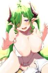  1girl ahoge areola_slip areolae bikini breasts cameltoe clearite clearite_(vtuber) covered_nipples green_hair hair_over_one_eye highres horns indie_virtual_youtuber large_breasts long_hair looking_at_viewer micro_shorts navel open_mouth pointy_ears purple_eyes shorts shorts_around_one_leg sitting smile solo string_bikini swimsuit virtual_youtuber white_bikini white_shorts 