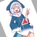  1girl blue_hoodie chained_tan cowboy_shot dutch_angle gawr_gura grey_background grey_eyes grey_hair hololive hololive_english hood hoodie looking_at_viewer sharp_teeth smile solo standing teeth two-tone_background v white_background 