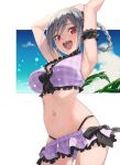  1girl :d arm_garter armpits arms_up ass_visible_through_thighs bangs bikini bikini_skirt blush braid breasts check_commentary commentary_request eyelashes frilled_bikini frills grey_hair hair_rings idolmaster idolmaster_cinderella_girls kanzaki_ranko kawaty large_breasts multi-strapped_bikini multi-strapped_bikini_bottom navel open_mouth purple_bikini purple_swimsuit red_eyes silver_hair skindentation smile solo stomach swept_bangs swimsuit twin_braids 