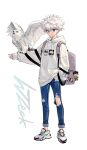  1boy absurdres alternate_costume animal animal_on_arm backpack bag bird blue_eyes casual closed_mouth denim full_body gon_freecss hand_up highres hood hoodie hunter_x_hunter jeans keychain killua_zoldyck long_sleeves looking_to_the_side male_focus outstretched_arm oversized_clothes oversized_shirt owl pants print_hoodie shirt shoes short_hair signature simple_background smile sneakers solo standing torn_clothes white_background white_footwear white_hair wzeck yellow_eyes 