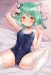 1girl animal_collar animal_ear_fluff animal_ears arm_behind_head armpits bed black_ribbon blue_swimsuit blush cat_ears collar covered_navel ear_ribbon eyebrows_visible_through_hair green_hair head_on_pillow hololive looking_at_viewer lying navel nikoo on_back one-piece_swimsuit pillow red_eyes ribbon short_hair short_twintails skull_ornament solo swimsuit thighhighs twintails uruha_rushia wet wet_clothes wet_swimsuit white_legwear 