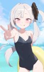 1girl absurdres black_swimsuit blue_archive blue_sky casual_one-piece_swimsuit cloud cowboy_shot day highres long_hair mutsuki_(blue_archive) ocean one-piece_swimsuit outdoors red_eyes side_ponytail silver_hair sky solo standing swimsuit tonki v 