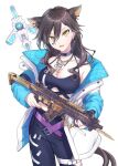  1girl animal_ear_fluff animal_ears apex_legends black_pants blue_sleeves breasts cat_ears cat_girl cat_tail chain cleavage cosplay crypto_(apex_legends) crypto_(apex_legends)_(cosplay) drone english_commentary facial_tattoo gun hack_(apex_legends) heart heart_tattoo holding holding_gun holding_weapon indie_virtual_youtuber jacket kunoki_toki medium_breasts multiple_tails pants purple_belt r-99_smg second-party_source shin_tora solo submachine_gun tail tattoo virtual_youtuber weapon white_background white_jacket yellow_eyes 