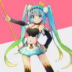  1girl bangs bare_shoulders black_choker black_legwear black_sleeves blue_hair blush breasts choker closed_mouth commentary detached_sleeves eyebrows_visible_through_hair gradient_hair green_eyes green_hair grey_background hatsune_miku highres holding long_hair long_sleeves looking_at_viewer mamagogo_(gomaep) medium_breasts multicolored_hair outstretched_arm pink_background racing_miku_(2018) skirt smile solo thighhighs twintails two-tone_background very_long_hair vocaloid white_skirt 
