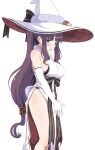  1girl absurdres bangs bare_shoulders blue_eyes blush breasts cosplay costume covered_nipples dress elbow_gloves embarrassed gloves hat highres large_breasts long_hair looking_at_viewer new_game! purple_hair simple_background sincos solo takimoto_hifumi white_background white_dress white_gloves witch witch_hat 