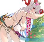  1girl alternate_costume bent_over bikini blush breasts butt_crack cleavage colored_inner_hair fire_emblem fire_emblem_heroes flower freyja_(fire_emblem) gonzarez grey_hair highres horns large_breasts long_hair looking_at_viewer multicolored_hair nail_polish official_alternate_costume pelvic_curtain red_eyes smile solo swimsuit 